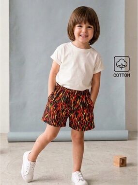 Kids Flame-Print Cotton Shorts - Black with Red & Orange Flames